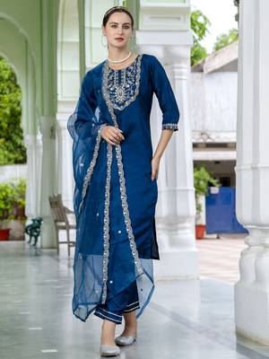 Blue embroidered silk blend salwar suit 1