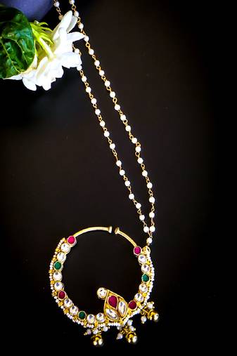Royal kundan nath with pearl chain