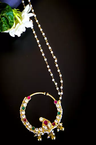 Royal kundan nath with pearl chain