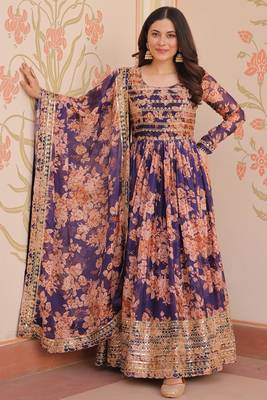 Purple Silk Floral Printed Anarkali Gown With Dupatta 1
