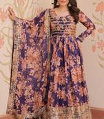 Purple Silk Floral Printed Anarkali Gown With Dupatta