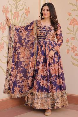 Purple Silk Floral Printed Anarkali Gown With Dupatta 2