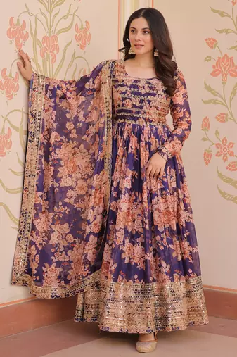 Purple Silk Floral Printed Anarkali Gown With Dupatta