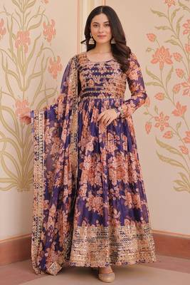 Purple Silk Floral Printed Anarkali Gown With Dupatta 3