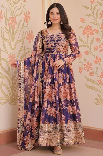 Purple Silk Floral Printed Anarkali Gown With Dupatta