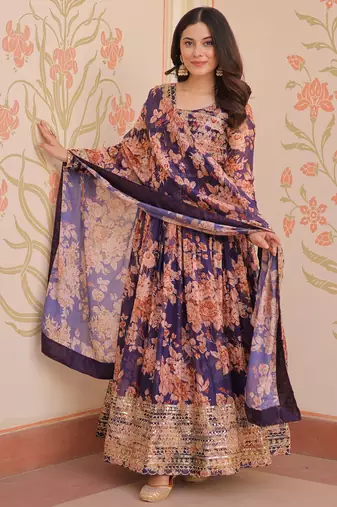 Purple Silk Floral Printed Anarkali Gown With Dupatta
