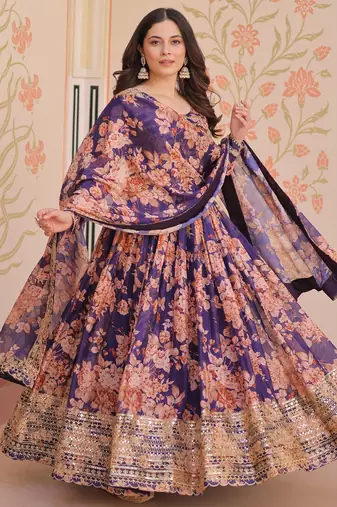 Purple Silk Floral Printed Anarkali Gown With Dupatta