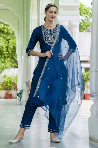 Blue embroidered silk blend salwar suit