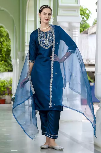 Blue embroidered silk blend salwar suit