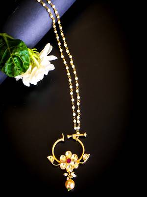 Floral kundan nath with pearl drop & beaded chain 1