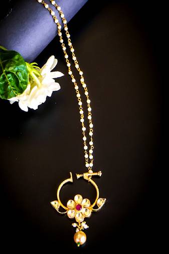 Floral kundan nath with pearl drop & beaded chain
