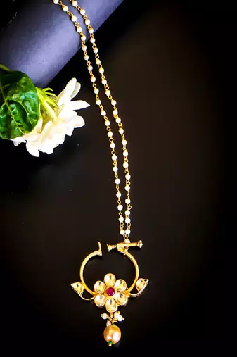 Floral kundan nath with pearl drop & beaded chain