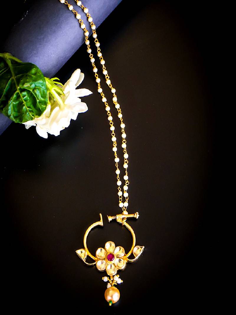 Floral kundan nath with pearl drop & beaded chain