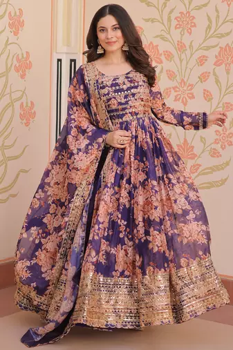 Purple Silk Floral Printed Anarkali Gown With Dupatta