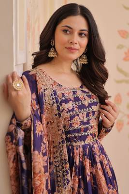 Purple Silk Floral Printed Anarkali Gown With Dupatta 7