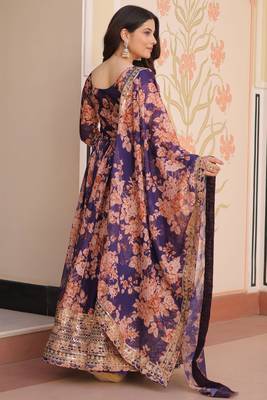 Purple Silk Floral Printed Anarkali Gown With Dupatta 8