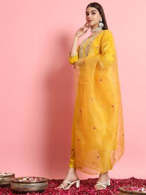 Yellow embroidered silk blend salwar suit 2