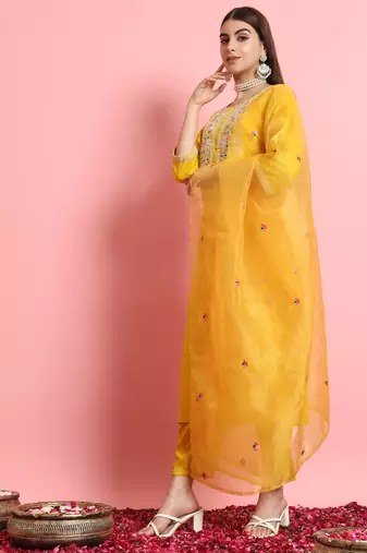 Yellow embroidered silk blend salwar suit