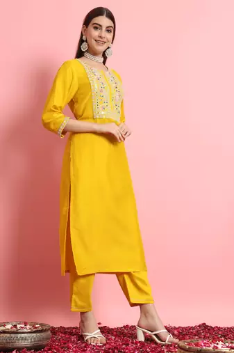 Yellow embroidered silk blend salwar suit