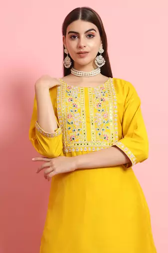 Yellow embroidered silk blend salwar suit