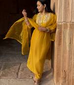 Yellow embroidered silk blend salwar suit