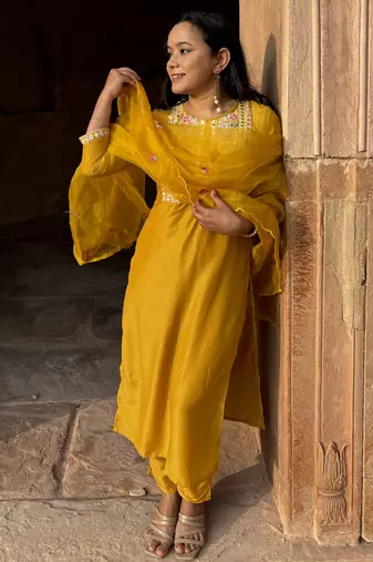 Yellow embroidered silk blend salwar suit