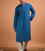 Teal blue cotton full sleeves kurta for mens
