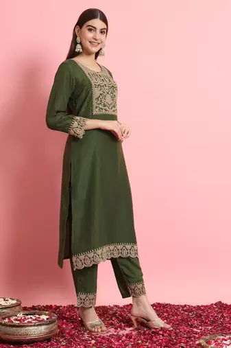 Green embroidered silk blend salwar suit