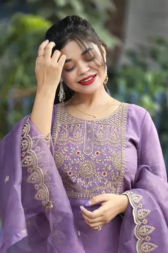Lavender embroidered silk blend salwar suit
