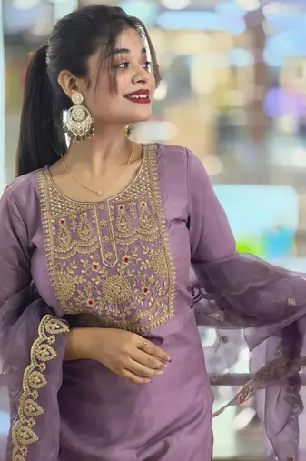 Lavender embroidered silk blend salwar suit