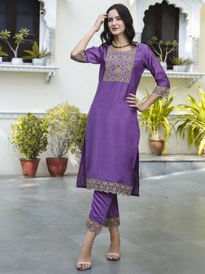 Purple embroidered silk blend salwar suit 1