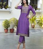 Purple embroidered silk blend salwar suit