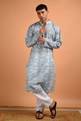 Grey  cotton printed full sleeves kurta for mens 1