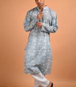 Grey  cotton printed full sleeves kurta for mens