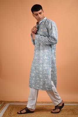 Grey  cotton printed full sleeves kurta for mens 2