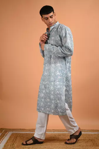 Grey  cotton printed full sleeves kurta for mens