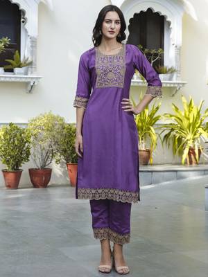 Purple embroidered silk blend salwar suit 2