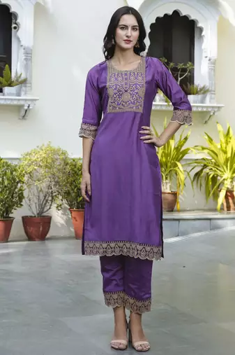 Purple embroidered silk blend salwar suit