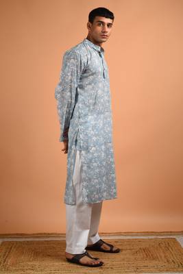 Grey  cotton printed full sleeves kurta for mens 3