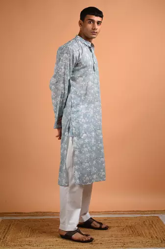 Grey  cotton printed full sleeves kurta for mens