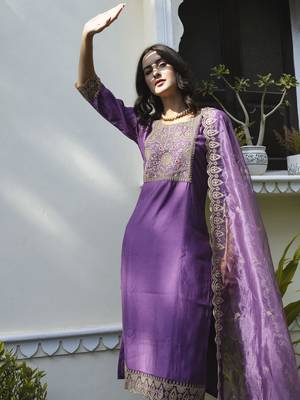 Purple embroidered silk blend salwar suit 3