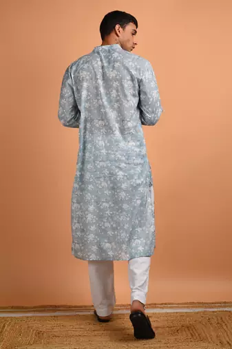 Grey  cotton printed full sleeves kurta for mens