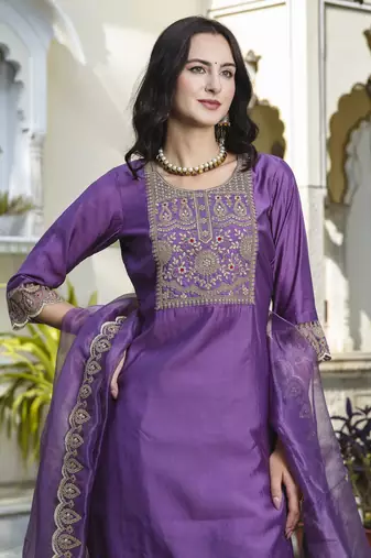 Purple embroidered silk blend salwar suit