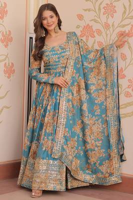 Sky Blue Digital Print Festive Wear Anarkali Gown 1