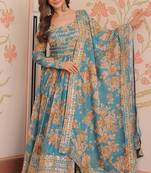 Sky Blue Digital Print Festive Wear Anarkali Gown
