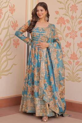 Sky Blue Digital Print Festive Wear Anarkali Gown 3