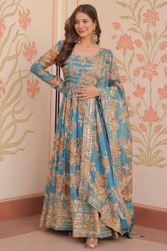 Sky Blue Digital Print Festive Wear Anarkali Gown