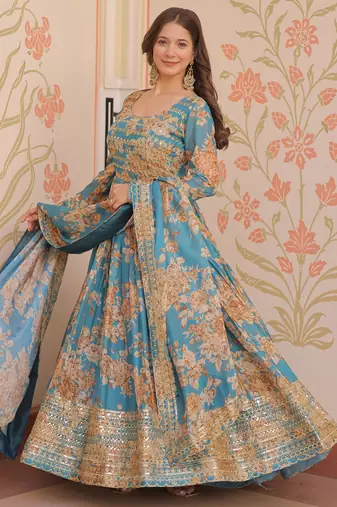 Sky Blue Digital Print Festive Wear Anarkali Gown