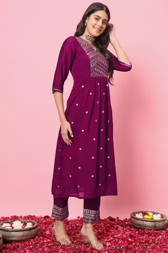 Purple embroidered silk blend salwar suit