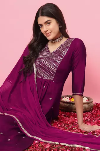 Purple embroidered silk blend salwar suit